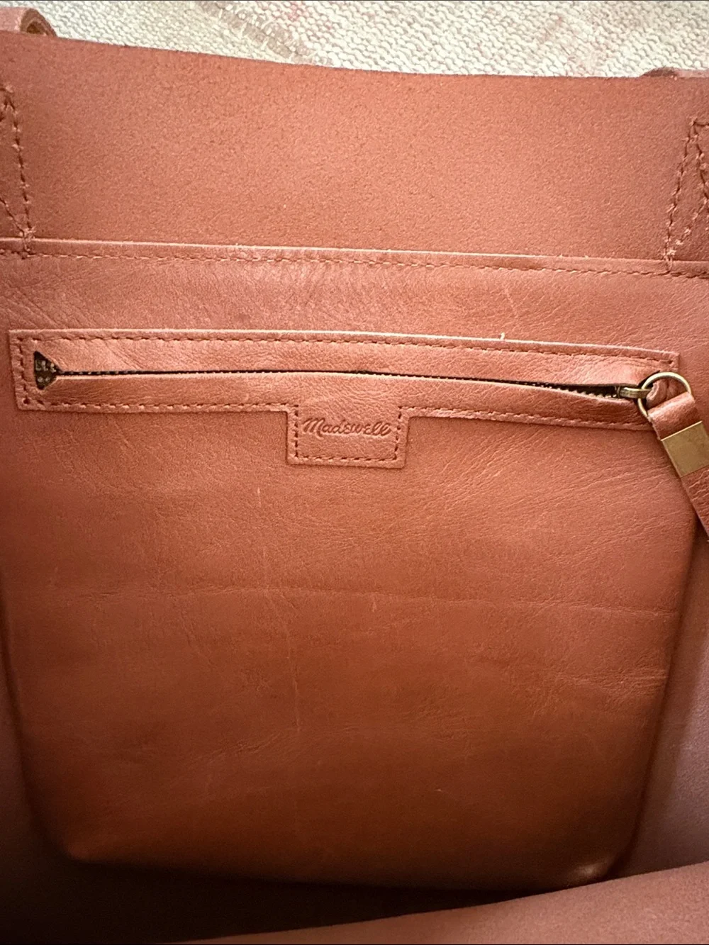 Madewell Cognac Leather Tote with Gold 'YAY' Accent